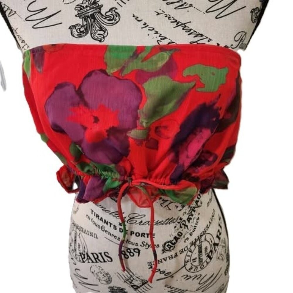 Nasty Gal Red Floral Crop Tube Top | Size 14 | Strapless Y2K Statement